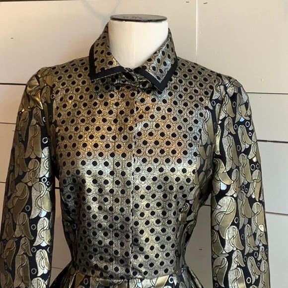 Victoria Beckham gold & black lame geometric print shirt dress - Picture 2 of 16